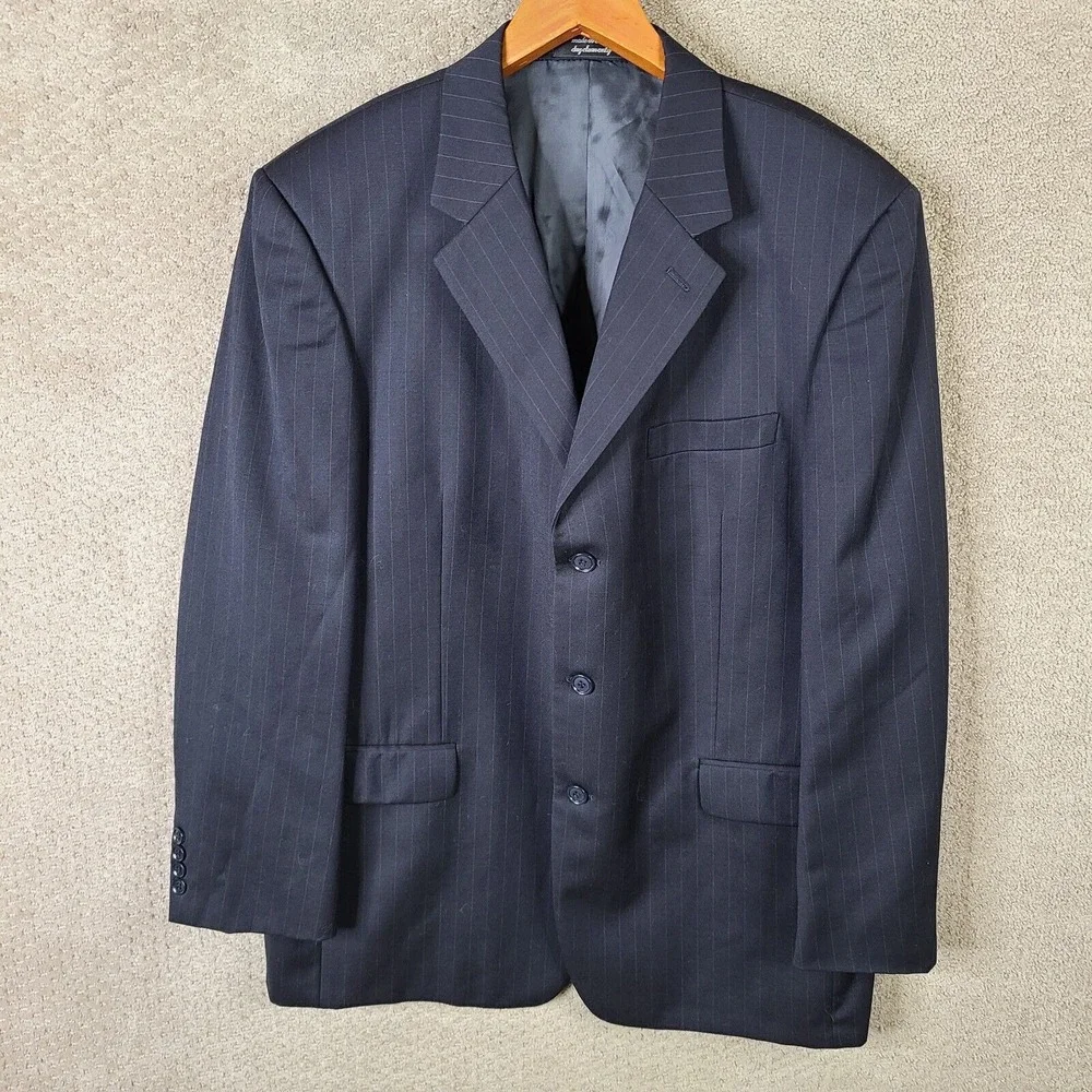 Andrew Fezza Jacket Men 44R Blue Stripe Blazer Worsted Wool Super 100s Suit Coat